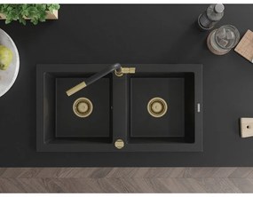 Mexen Mario, 2-komorový granitový drez 820x436x161 mm a drezová batéria Flora, čierna, 6504-77-670401-57-G