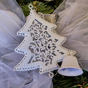 DECOLED Závesná kovová dekorácia, stromček, 10x8,5 cm so zvončekom 3 cm