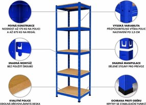 Regál 180x40x40 cm lakovaný 5-policový, nosnosť 875 kg - modrý