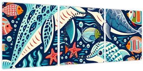 Obraz – Kreslené vodné zvieratká (s hodinami) (90x30 cm)