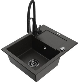 Mexen Enzo, 1-komorový granitový drez 576x465x174 mm a drezová batéria Aster, čierna-zlatá metalíza, 6506-75-73450-70-B