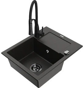 Mexen Enzo, 1-komorový granitový drez 576x465x174 mm a drezová batéria Aster, čierna-zlatá metalíza, 6506-75-73450-70-B