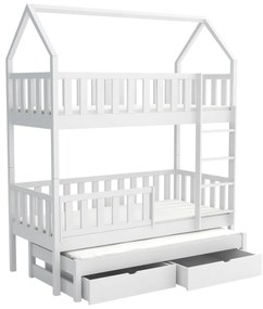 Detská domčeková poschodová posteľ z masívu borovice OTA s prístelkou a šuplíky - 200x90 cm - BIELA