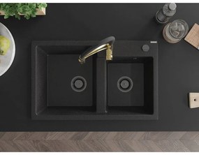 Mexen Tomas, 2-komorový granitový drez 800x500x190 mm a drezová batéria Aster, čierna-strieborná metalíza, 6516-73-73450-57-B