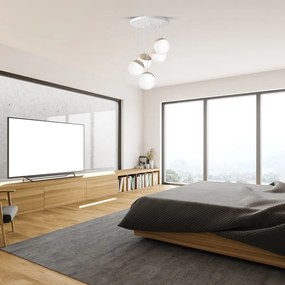 Závesné svietidlo Sfera, 5x biele sklenené tienidlo, w/drevo, o