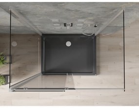 Mexen Omega, 3-stenový sprchovací kút s posuvnými dverami 120 (dvere) x 90 (stena) x 190 cm, 8mm číre sklo, chrómový profil + čierna sprchová vanička SLIM, 825-120-090-01-00-3S-4070