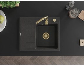 Mexen Ben, 1-komorový granitový drez 600x500x190 mm, pravý + zlatý sifón, čierna škvrnitá, 6523605000-76-G
