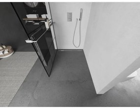 Mexen Kioto+ L, sprchová zástena Walk-In s poličkou a vešiakom 120 x 200 cm, 8mm číre sklo čierny vzor, chrómový profil, 800-120-123-01-77