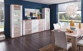 Vysoká vitrína Caracas typ 02, dub / biely lesk, s osvetlením