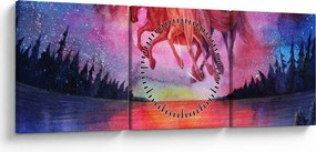 Obraz - Zjavenie vesmírnych koní nad jazerom, aquarel (s hodinami) (90x30 cm)