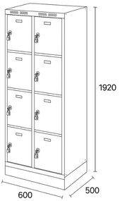 Alfa 3 Šatníková skrinka na sokli s úložnými boxami, 8 boxov, 1920 x 600 x 500 mm, otočný zámok, tmavosivé dvere