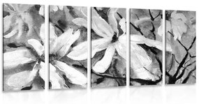 5-dielny obraz rozkvitnutý akvarelový strom v čiernobielom prevedení