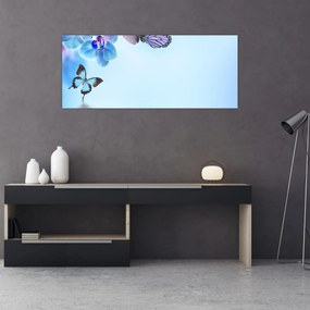 Obraz - Motýľ na kvetoch orchidey, modrý (120x50 cm)