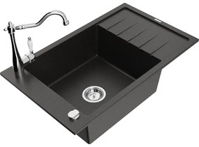 Mexen Elias, granitový drez 795x480x200 mm, 1-komorový a drezová batéria Carla, čierna-zlatá metalíza, 6511-75-670700-00