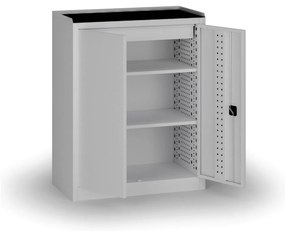 Policová dielenská skriňa 2-dverová, 2 police + 1 zásuvka, 1180 × 950 × 500 mm, sivé dvere