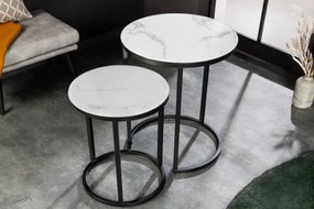 Príručný stolík okrúhly Elegance sada 2 ks mramorový vzhľad biely, čierny rám