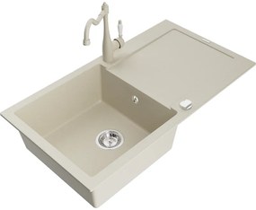 Mexen Leo, granitový drez 900x500x190 mm, 1-komorový a drezová batéria Carla, béžová, 6501-69-670700-69