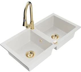 Mexen Mario, 2-komorový granitový drez 820x436x161 mm a drezová batéria Elia, biela, 6504-20-670101-50