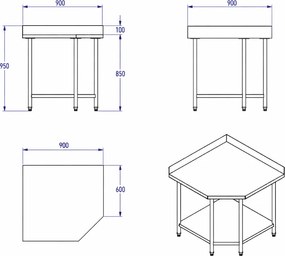 Rohový nerezový pracovný stôl, 900 x 600 x 850 mm