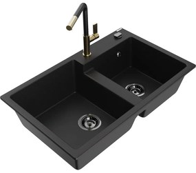 Mexen Tomas, 2-komorový granitový drez 800x500x190 mm a drezová batéria Flora, čierna, 6516-77-670401-57-B