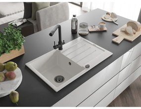 Mexen Bruno, 1-komorový granitový drez s odkvapkávačom 795x495x200 mm a čierna batéria Duero, biela, 6513-20-671600-70