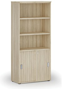 Kombinovaná kancelárska skriňa PRIMO WOOD, zasúvacie dvere na 2 poschodia, 800 x 420 x 1781 mm, dub prírodný