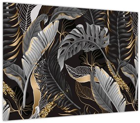Obraz - Tropické listy v čierno-zlatej (70x50 cm)