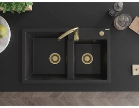 Mexen Tomas, granitový drez 800x500x190 mm, 2-komorový a zlatá batéria Telma, čierna-strieborná metalíza, 6516-73-670200-50