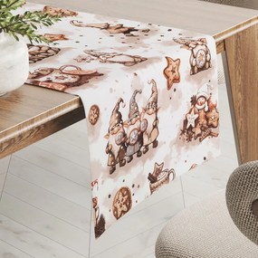 Biante Bavlnený behúň na stôl Sandra SA-663 Hnedí škriatkovia s perníčkami na bielom 20x120 cm