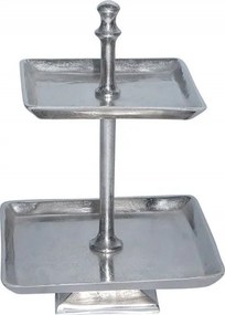 Strieborný kovový 2-poschodový štvorcový etažér - 34cm