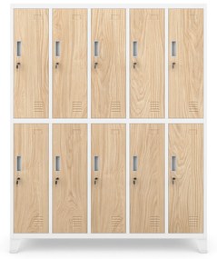 Kovová šatňová boxová skriňa na nôžkach s 10 boxami BARTEK, 1360 x 1720 x 450 mm, Eco Design: biela/ dub sonoma