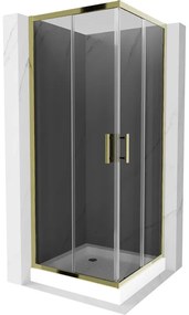 Mexen Rio, štvorcový sprchovací kút s posuvnými dverami 80(dvere) x 80(dvere) x 190 cm, 6mm šedé sklo, zlatý profil + biela sprchová vanička RIO, 860-080-080-50-40-4510