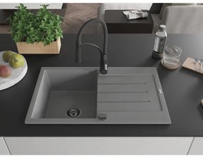 Mexen Bruno, 1-komorový granitový drez 795x495x200 mm a drezová batéria Aster, šedá, 6513-71-73450-70-B