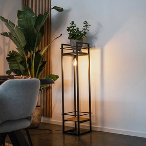 Priemyselná stojaca lampa čierna s drevenými prvkami - Cage Rack