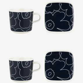 Marimekko Set Oiva Piirto Unikko 2 hrnčeky + 2 tanieriky Unikko 60th Anniversary tmavo modrý