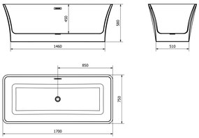 Mexen Tonia, voľne stojaca vaňa 170 x 75 cm, biela-čierna, čierny matný prepad, 52171707575-70