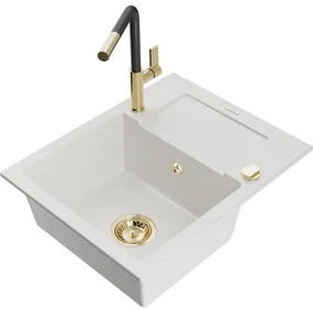 Mexen Enzo, 1-komorový granitový drez 576x465x174 mm a drezová batéria Flora, biela, 6506-20-670401-57-G