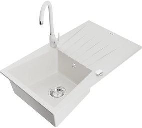 Mexen Cesar, 1-komorový granitový drez s odkvapkávačom 78x47 cm a kuchynskou batériou Telma, biela, 6514-20-670200-20