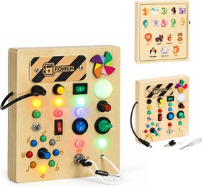 Drevená interaktívna manipulačná tabuľa ECOTOYS s LED svetlami od 3 rokov