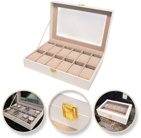 eCarla Organizér na hodinky, box, puzdro na 12ks hodiniek, ekokoža, biela