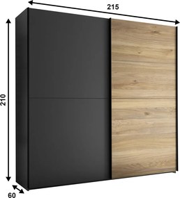 Šatníková skriňa Melton, 215 cm, grafit/dub mauvella