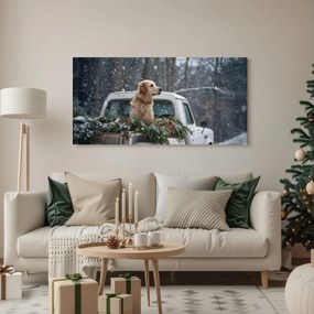 Vianočný obraz pes na korbe plnej ihličia