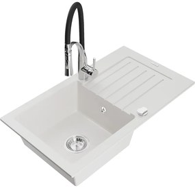 Mexen Pablo, 1-komorový granitový drez 752x436x161 mm a drezová batéria Aster, biela, 6510-20-73450-07