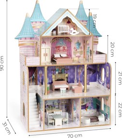 Drevený domček pre bábiky – zámok Bella, 4 poschodia, 5 miestností, 15 kusov nábytku, ECOTOYS
