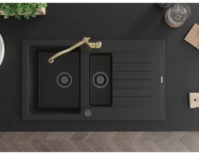 Mexen Matias, granitový drez 900x505x200 mm, 1,5-komorový a drezová batéria Carla, čierna, 6502-77-670700-50-B