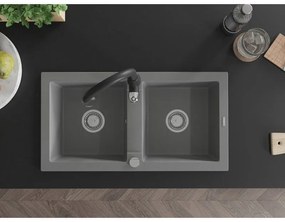 Mexen Mario, 2-komorový granitový drez 820x436x161 mm a drezová batéria Savita, šedá, 6504-71-672601-70