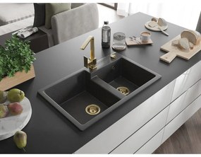 Mexen Tomas, granitový drez 800x500x190 mm, 2-komorový a zlatá batéria Rita, čierna škvrnitá, 6516-76-670300-50