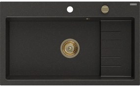 Mexen Omar, 1-komorový granitový drez 800x480x210 mm, čierna-zlatá metalíza, zlatý sifón, 6520801005-75-G