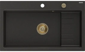 Mexen Omar, 1-komorový granitový drez 800x480x210 mm, čierna-zlatá metalíza, zlatý sifón, 6520801005-75-G