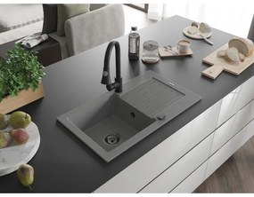 Mexen Pablo, 1-komorový granitový drez 752x436x161 mm a drezová batéria Elia, šedá, 6510-71-670101-70-B